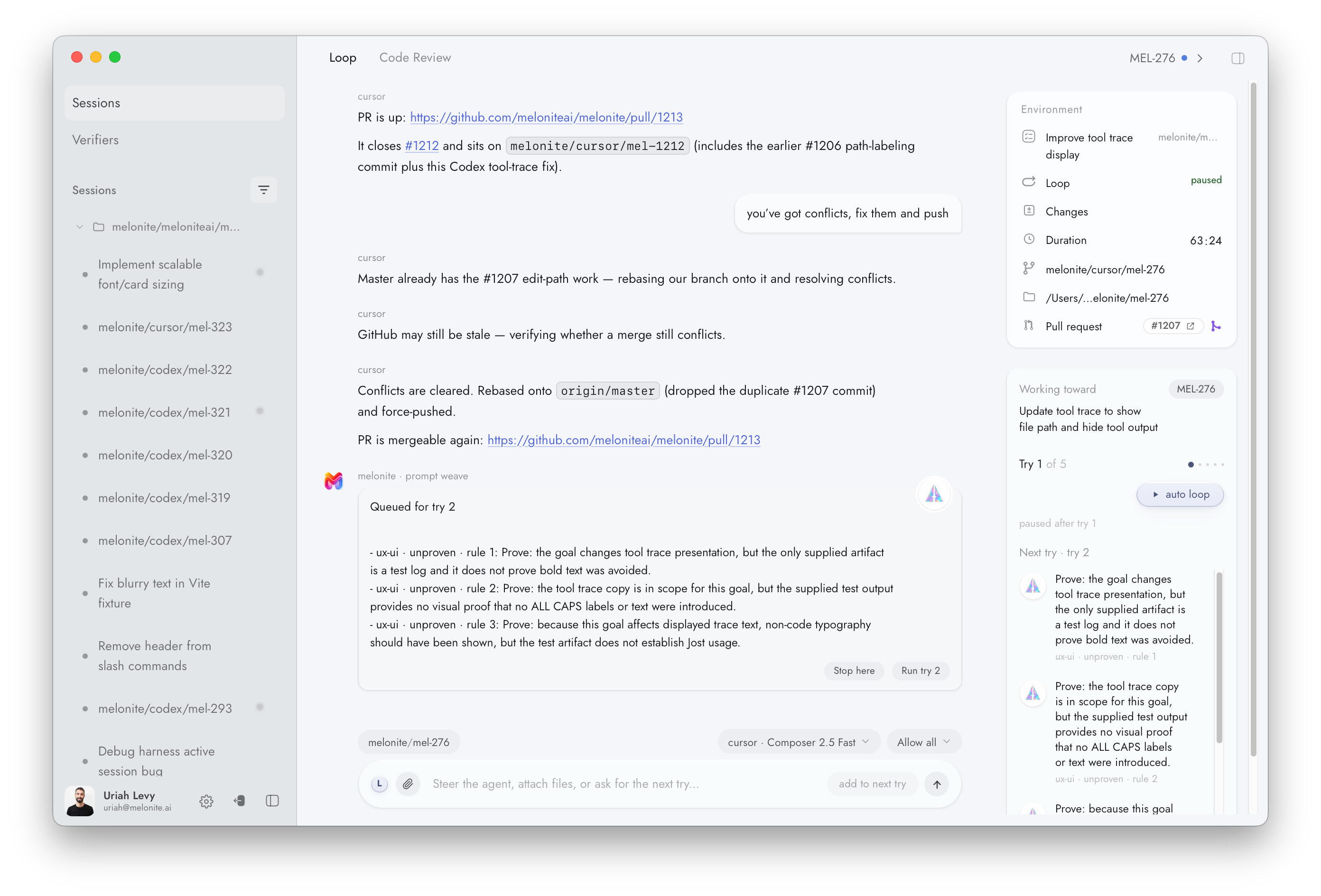 Melonite desktop app showing an agent iteration session